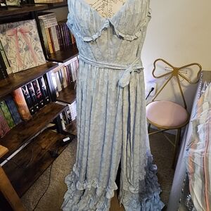 Light Blue Ruffled Maxi Dress with Tie Waist